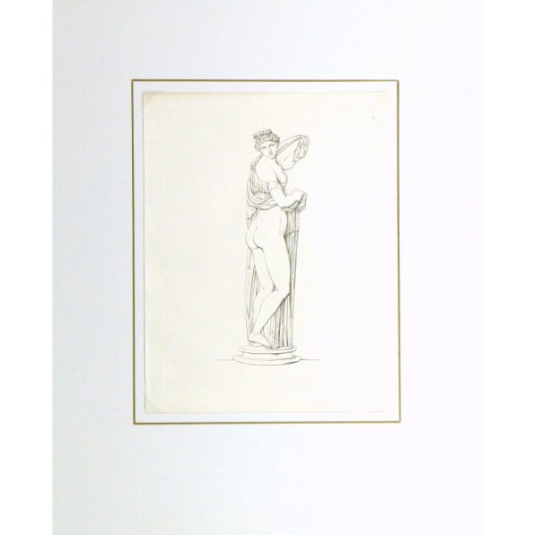 Original Antique Copper Engraving Female Statue 9183m