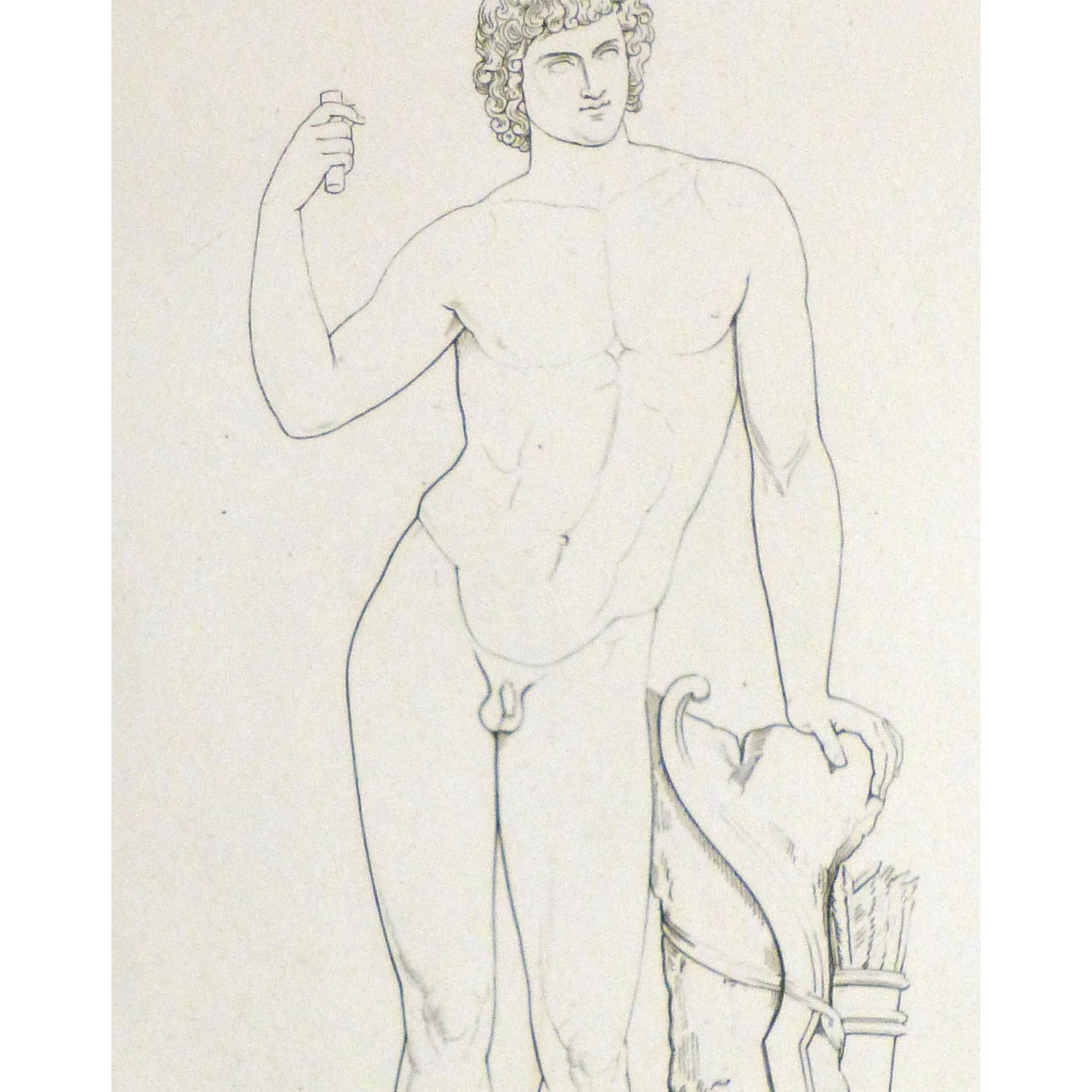 Original Antique Copper Engraving Male Statue - detail - 9184m
