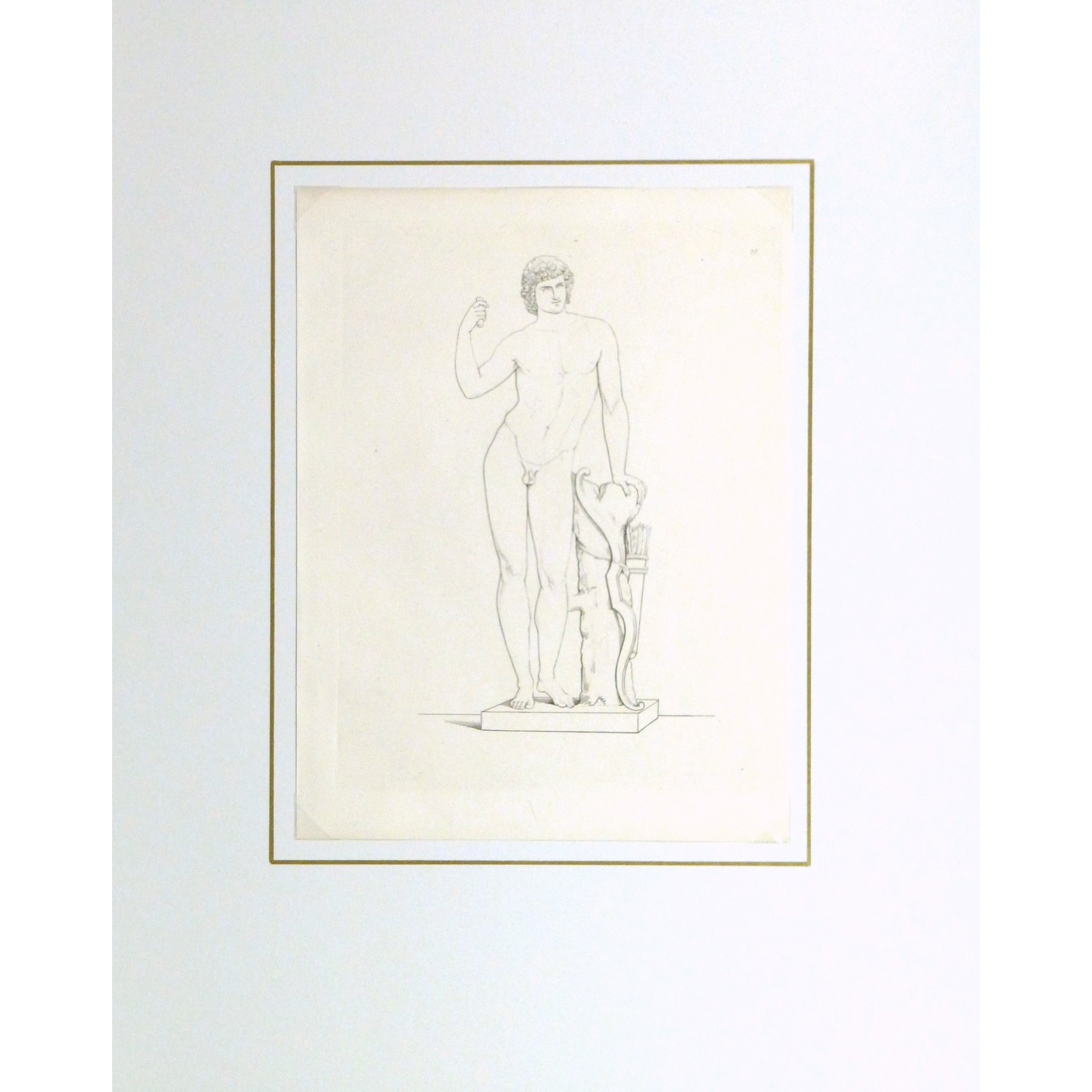 Original Antique Copper Engraving Male Statue - matted - 9184m