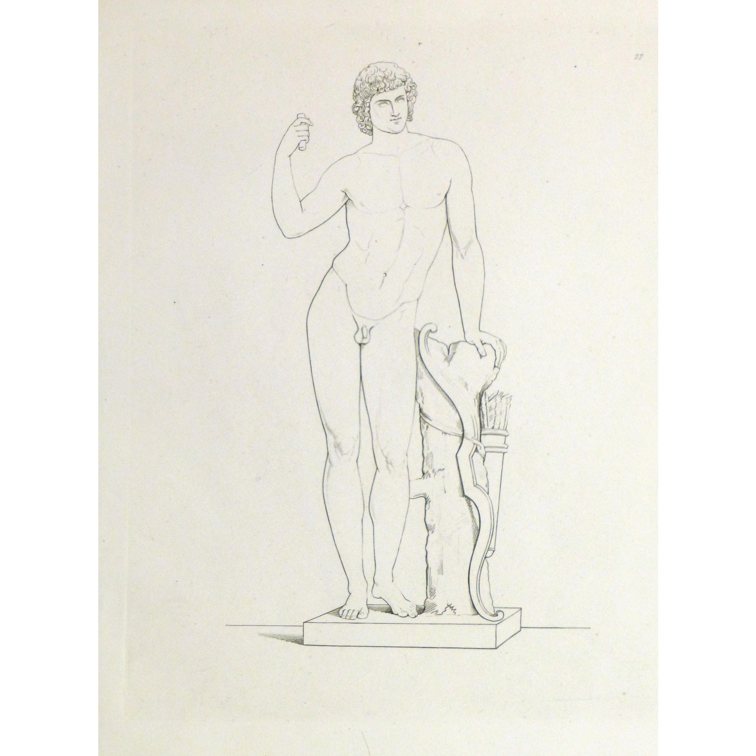 Original Antique Copper Engraving Male Statue - 9184m