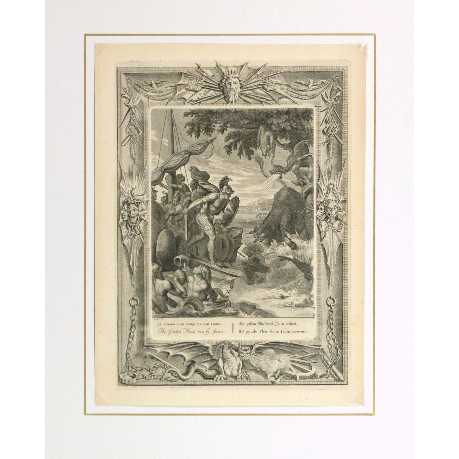Original Antique Copper Engraving The Golden Fleece - matted - 9186m