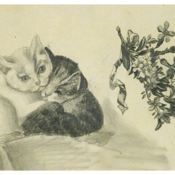 Antique Pencil Drawing Kitten - 9190m