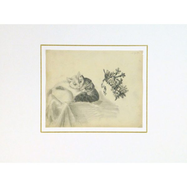 Antique Pencil Drawing Kitten - matted - 9190m