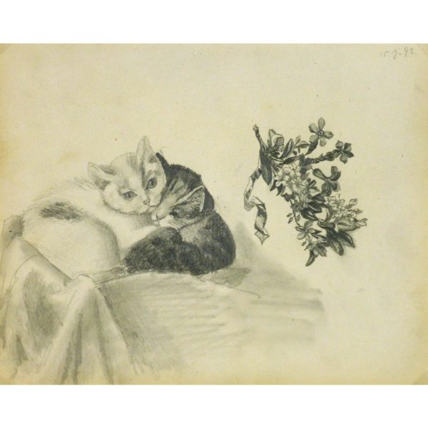 Antique Pencil Drawing Kitten - matted - 9190m