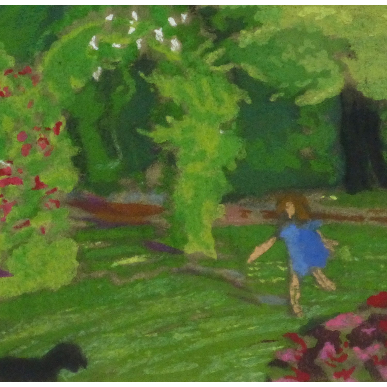 Original Oil Pastel and Gouache Garden Playtime 9194m