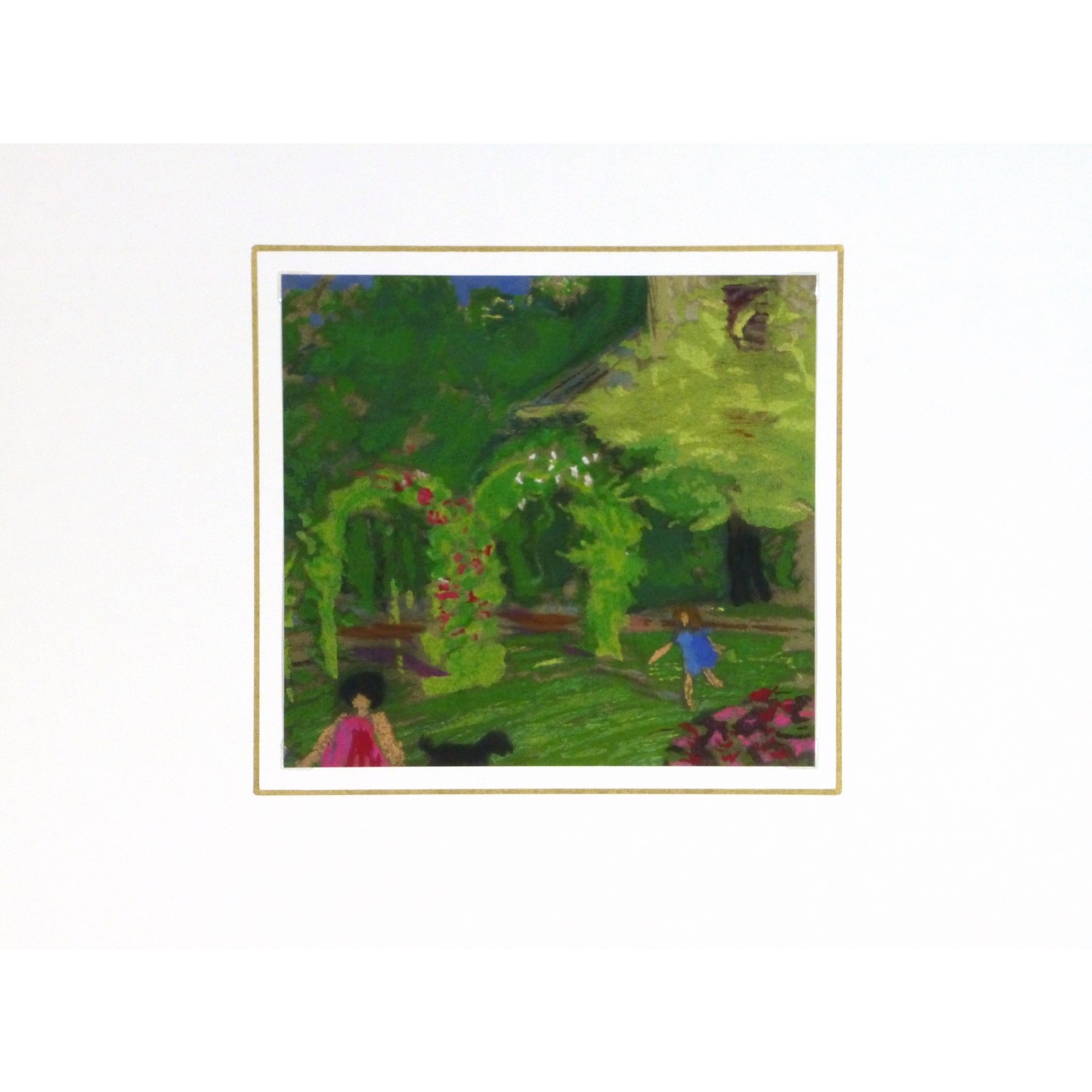 Original Oil Pastel and Gouache Garden Playtime - matted - 9194m