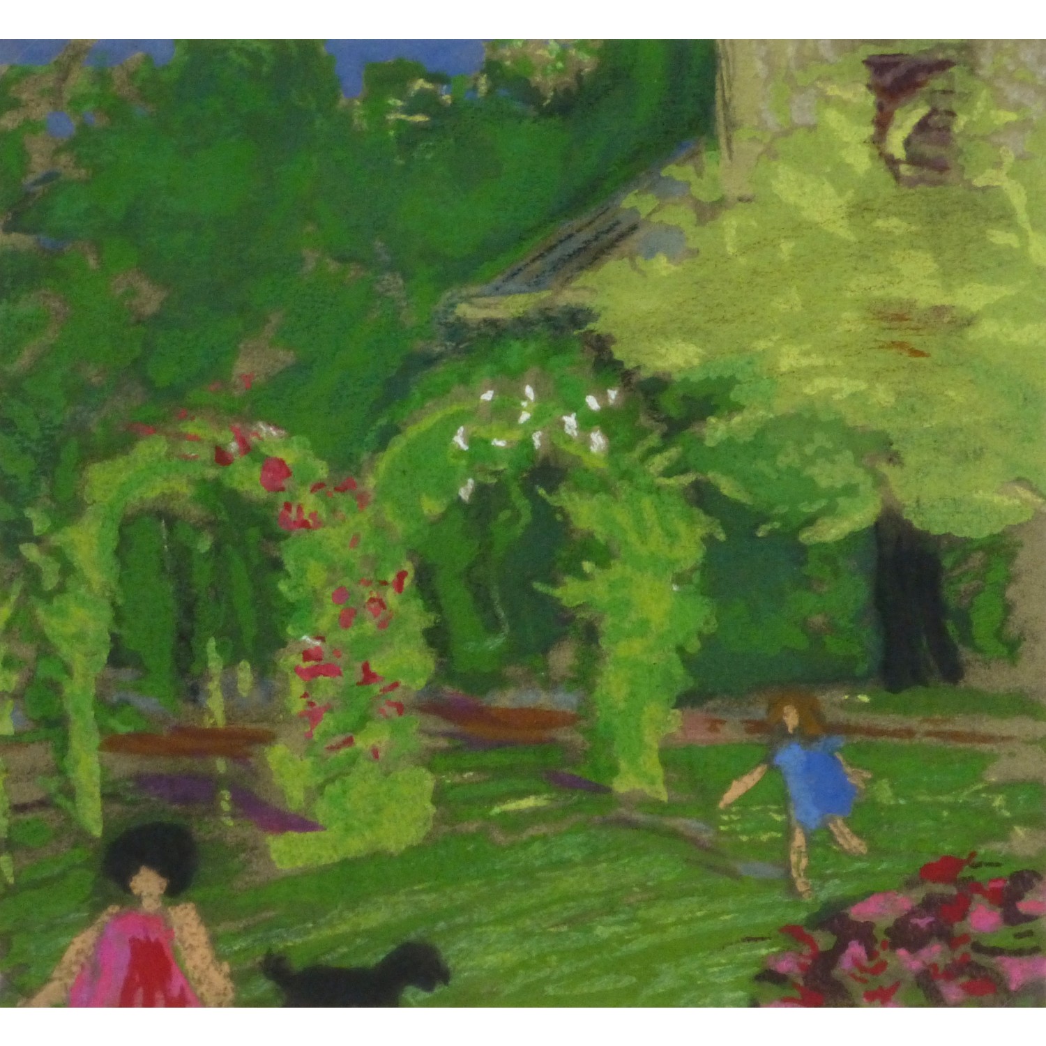 Original Oil Pastel and Gouache Garden Playtime - detail - 9194m