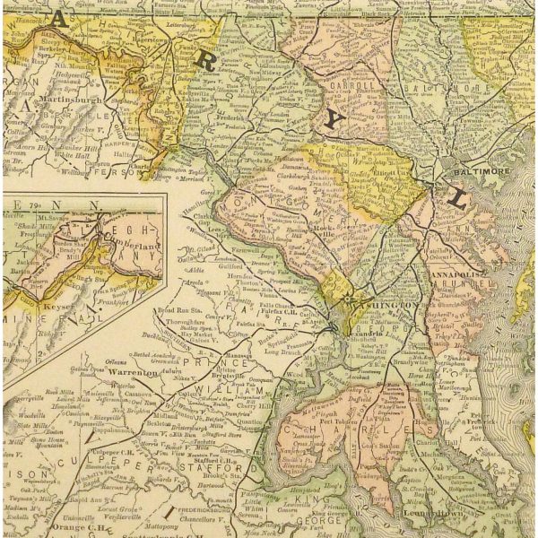Original Antique Map of Maryland and Delaware - detail - 9227m