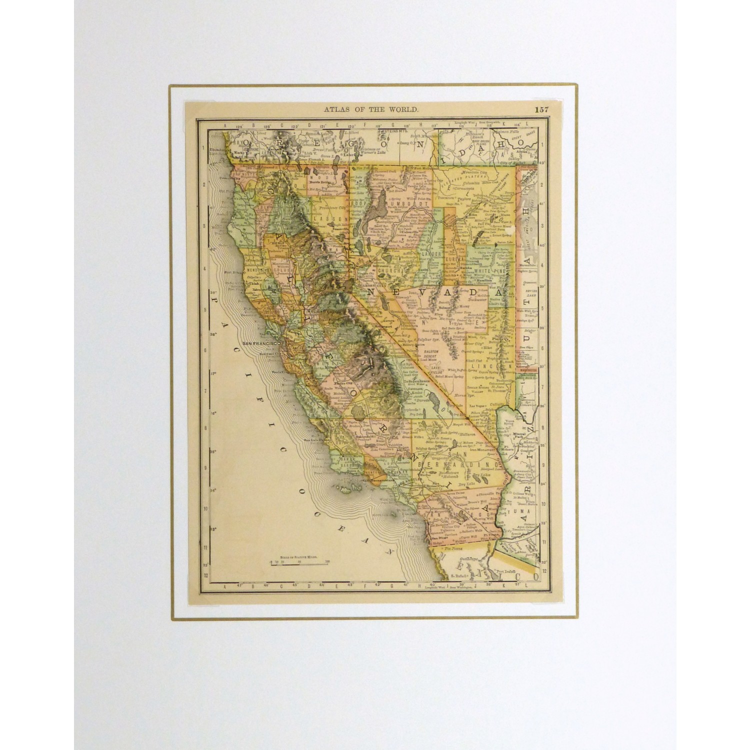 Original Antique Map California and Nevada - matted - 9228m