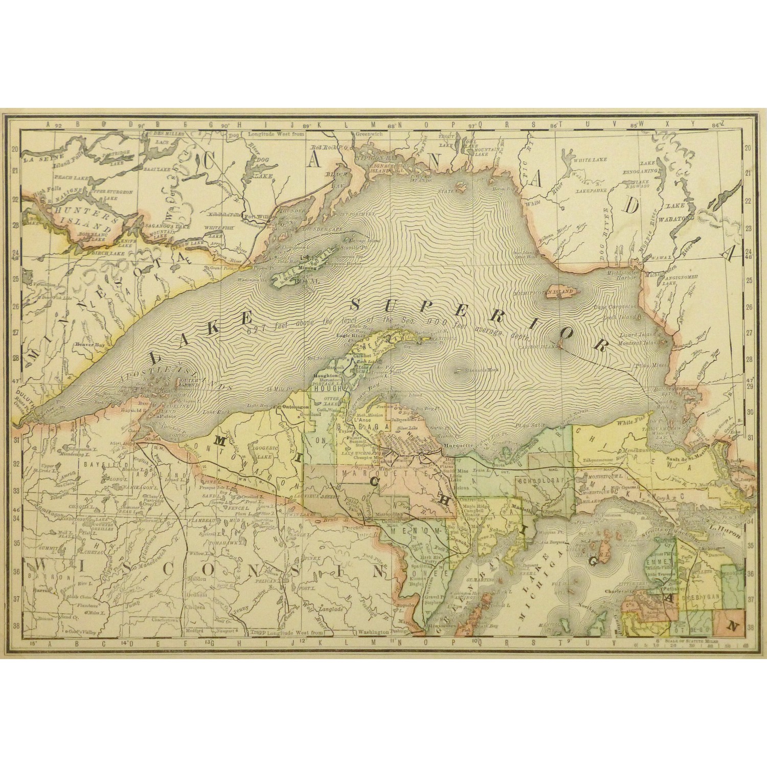 Original Antique Map Lake Superior 9229m