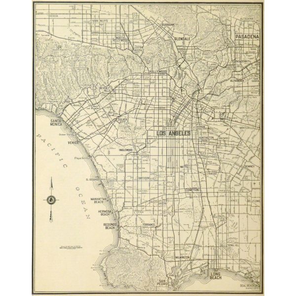 Original Vintage Map of Los Angeles 9230m
