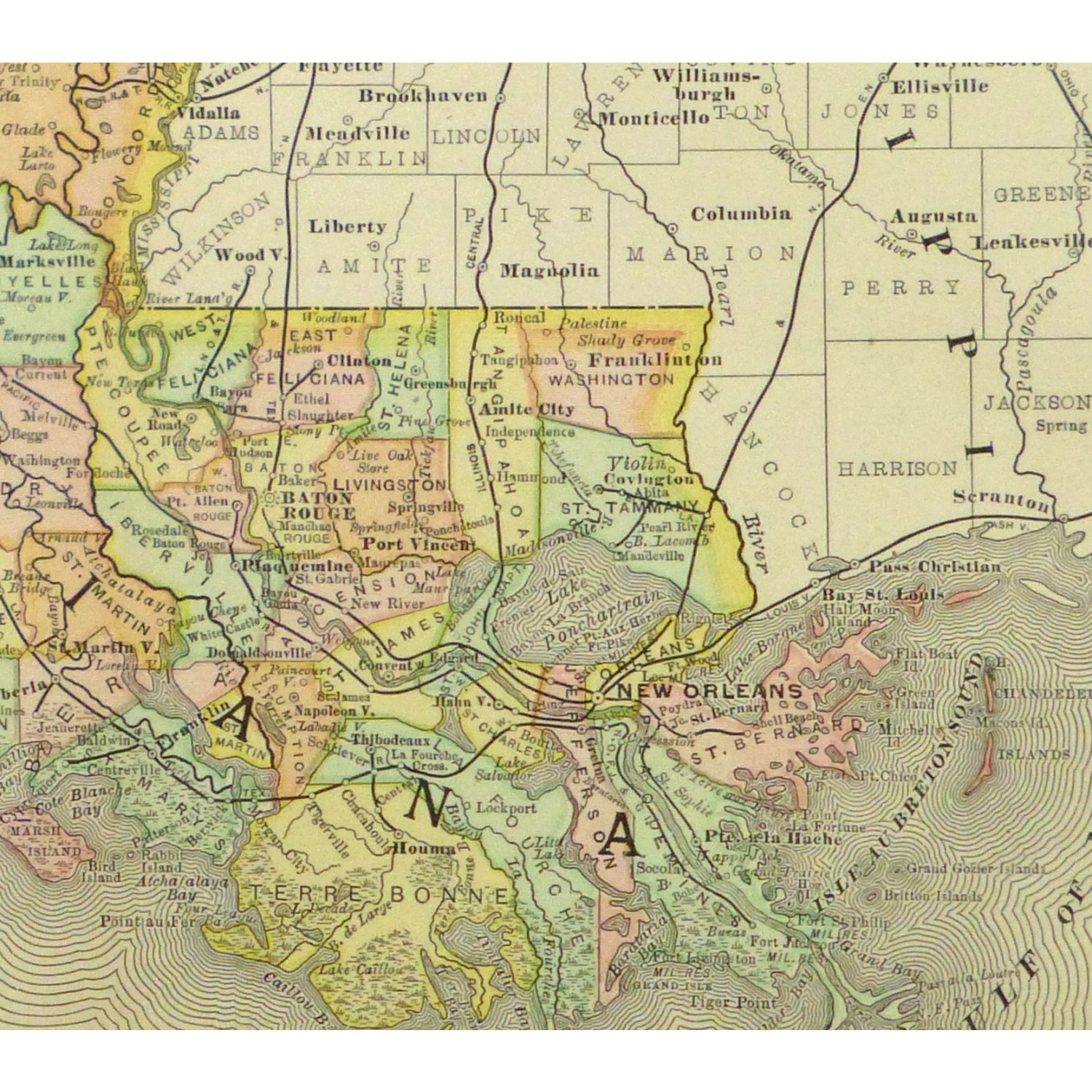 Original Antique Map of Louisiana - detail - 9239m