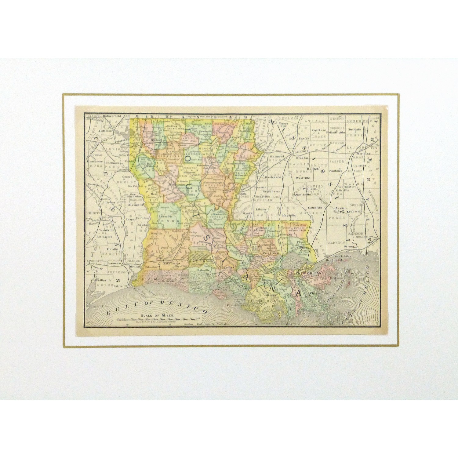 Original Antique Map of Louisiana - matted - 9239m