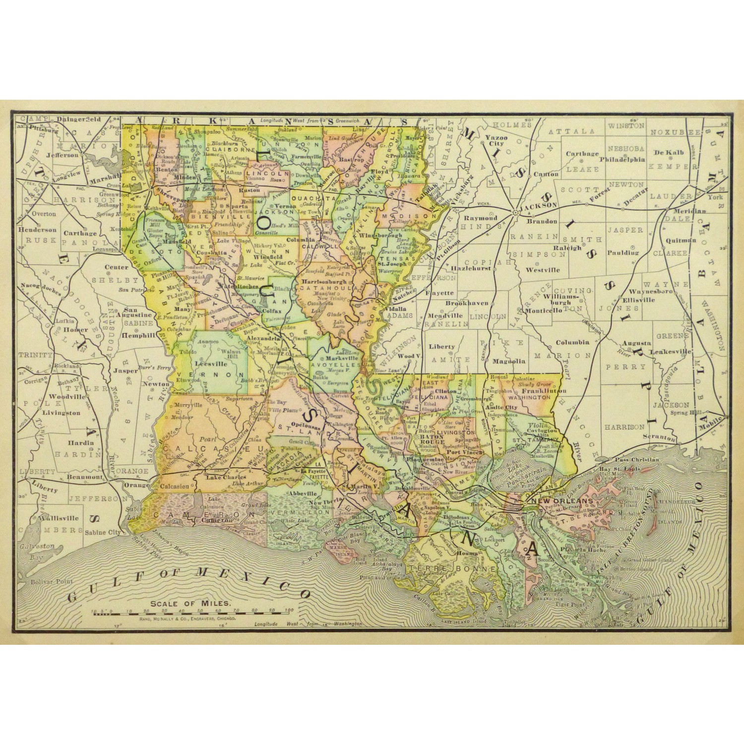 Original Antique Map of Louisiana 9239m