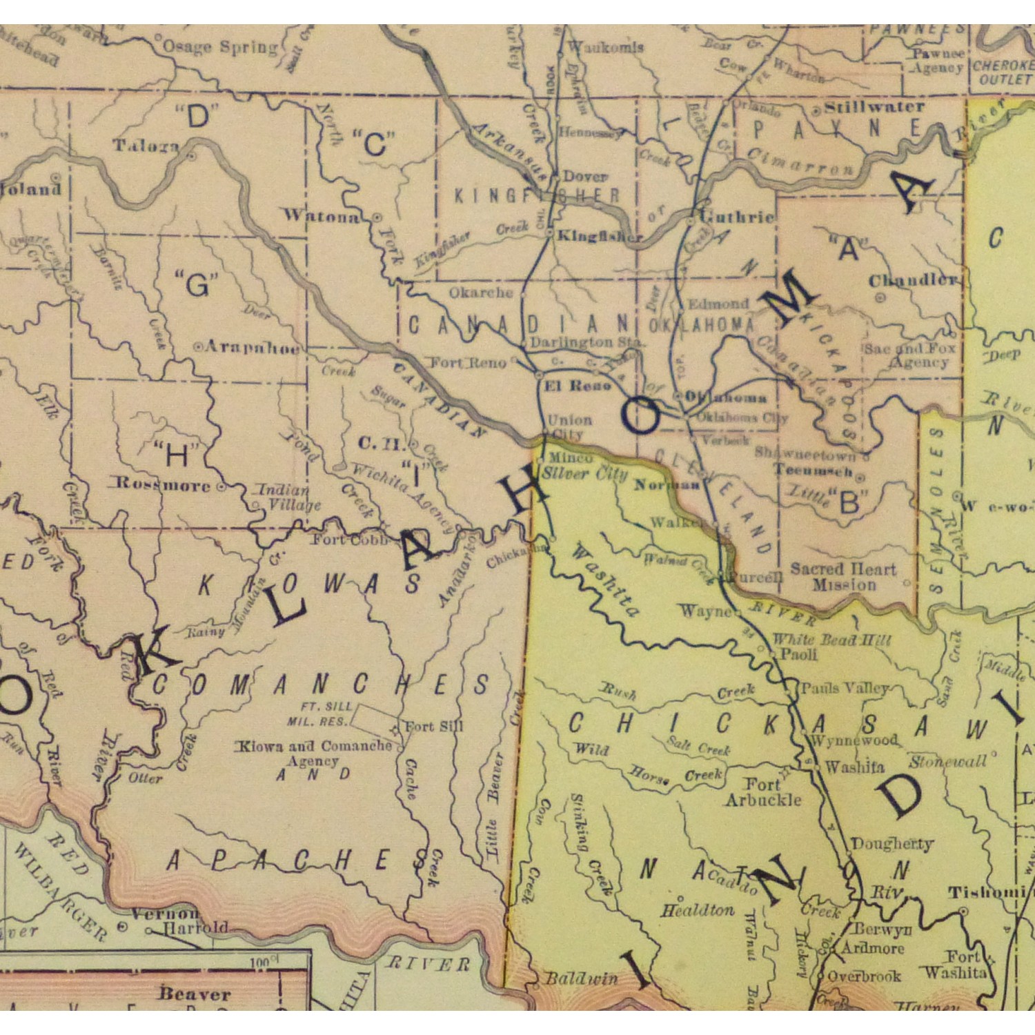 Original Antique Map Oklahoma and Indian Territories - detail - 9242m