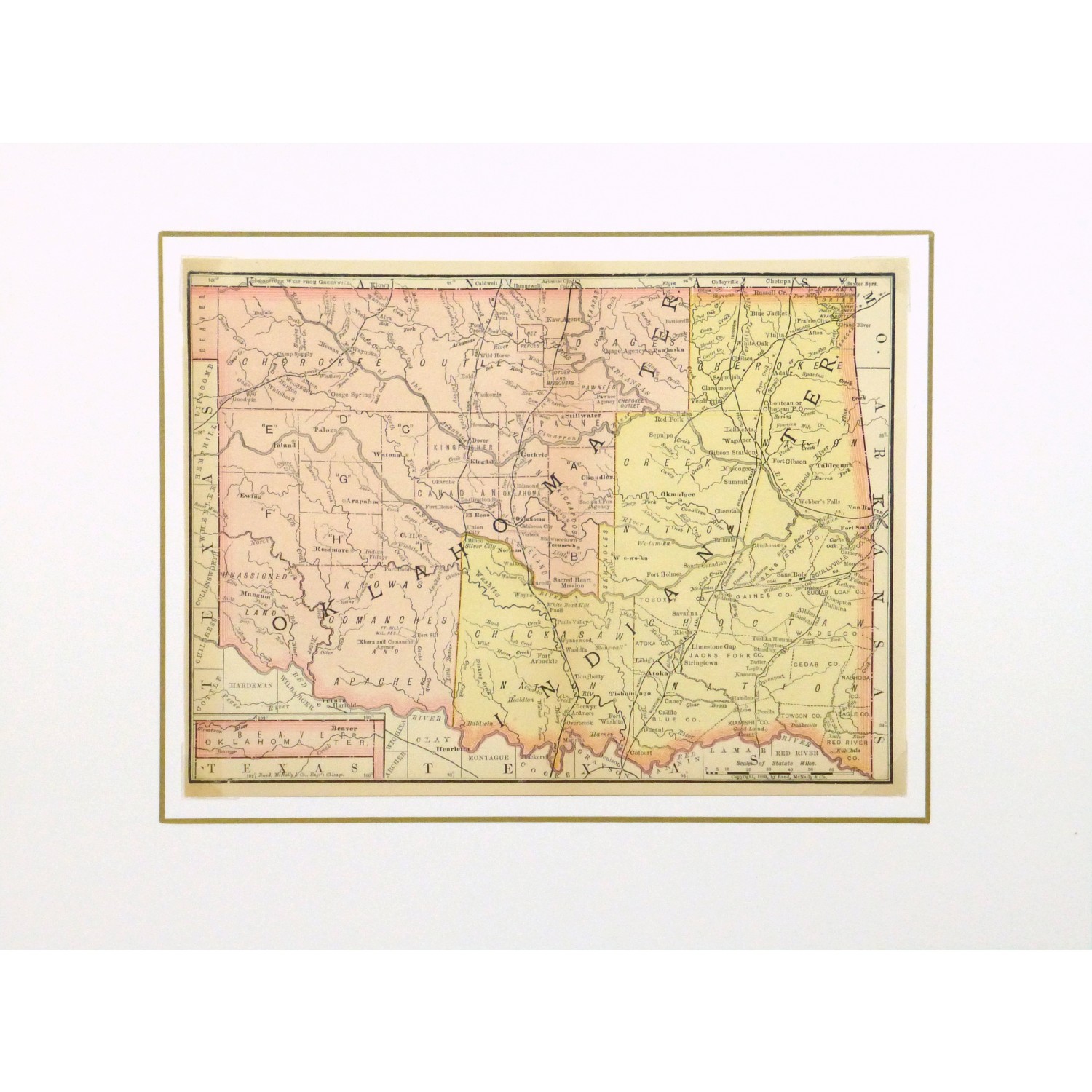 Original Antique Map Oklahoma and Indian Territories - matted - 9242m