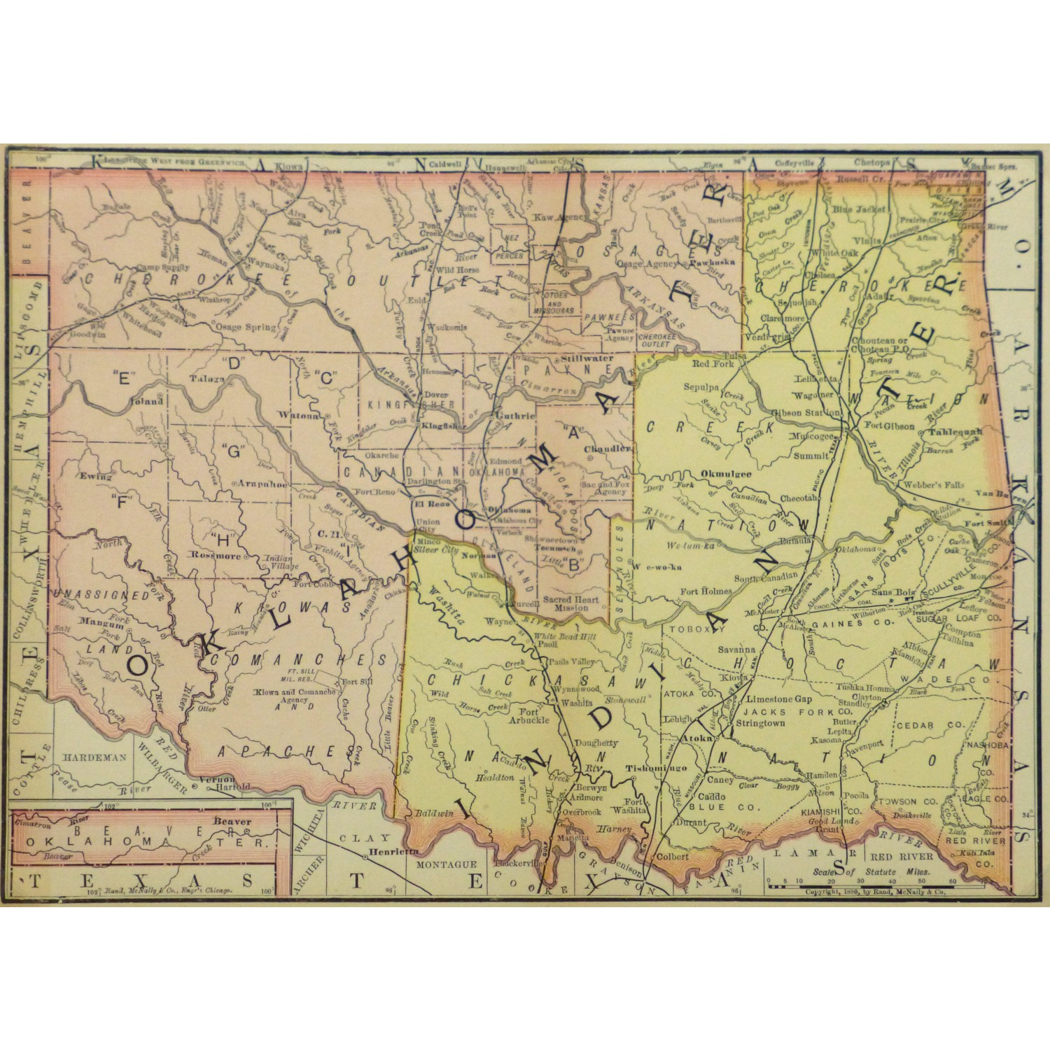 Original Antique Map Oklahoma and Indian Territories 9242m