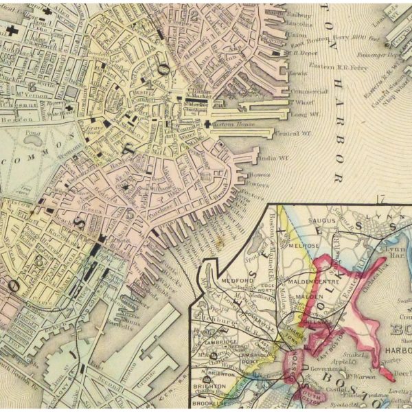 Original Antique Map Boston - detail - 9259m