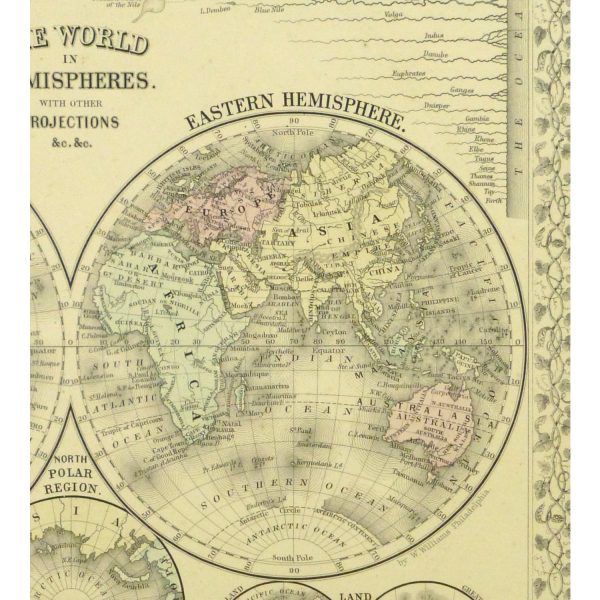 Antique Map Eastern and Western Hemispheres by Mitchell - detail - 9260m