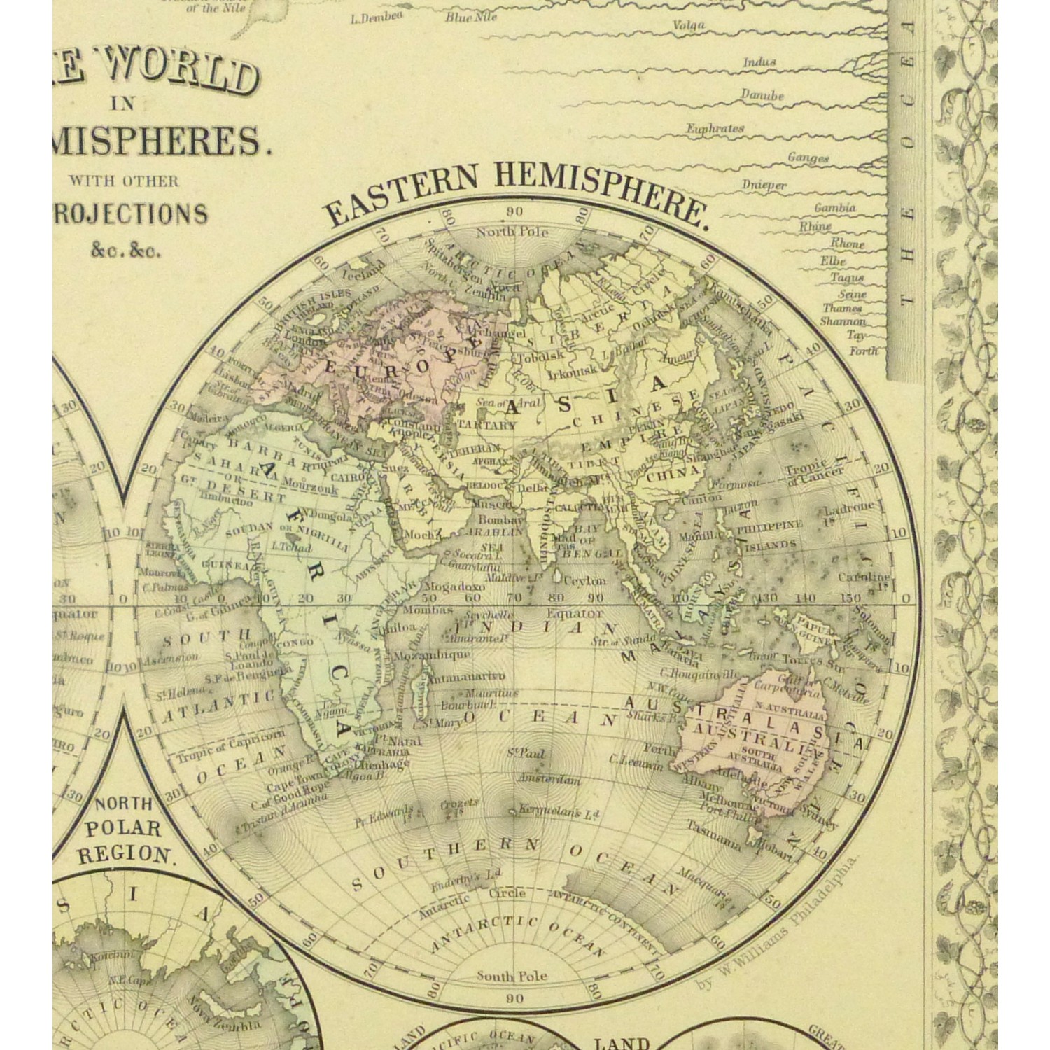 Antique Map Eastern and Western Hemispheres by Mitchell - detail - 9260m