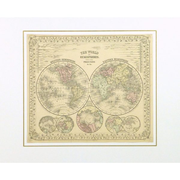 Antique Map Eastern and Western Hemispheres by Mitchell - matted - 9260m
