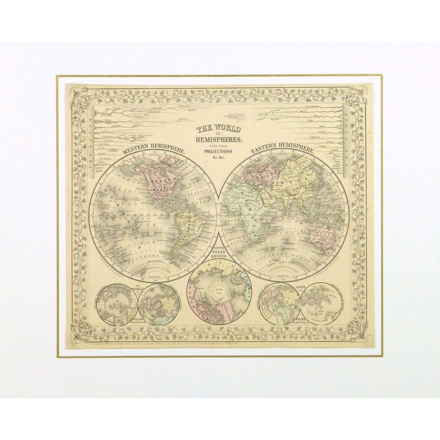 Antique Map Eastern and Western Hemispheres by Mitchell - matted - 9260m