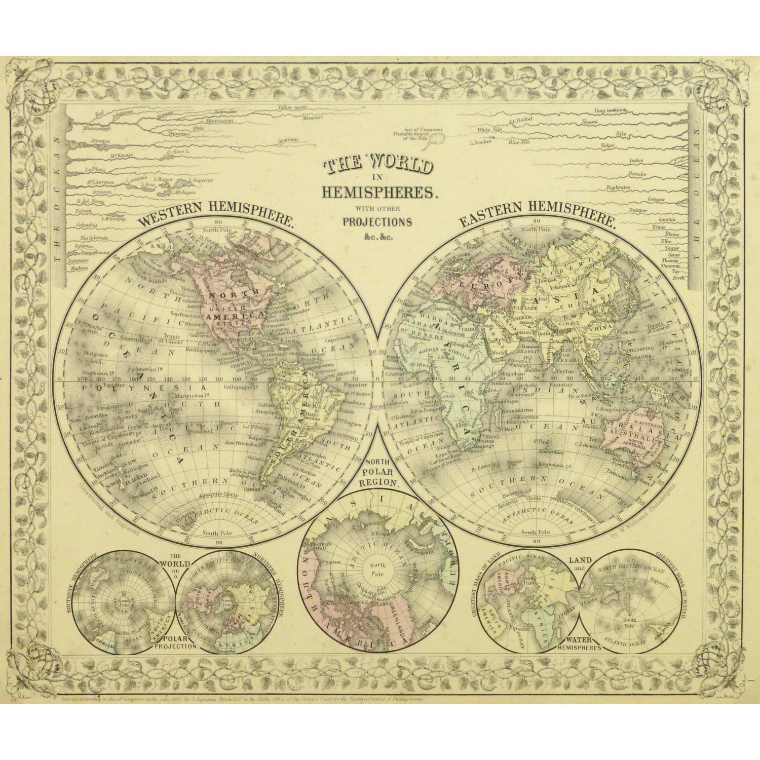 Antique Map Eastern and Western Hemispheres by Mitchell 9260m