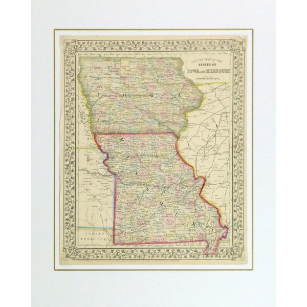 Original Antique Map Iowa and Missouri - matted - 9264m