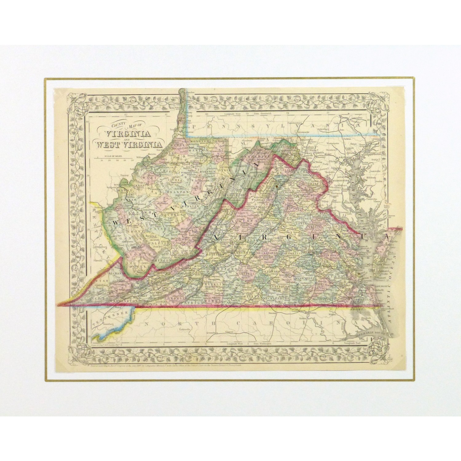 Antique Map of Virginia and West Virginia by Mitchell 1867 - matted - 9268m