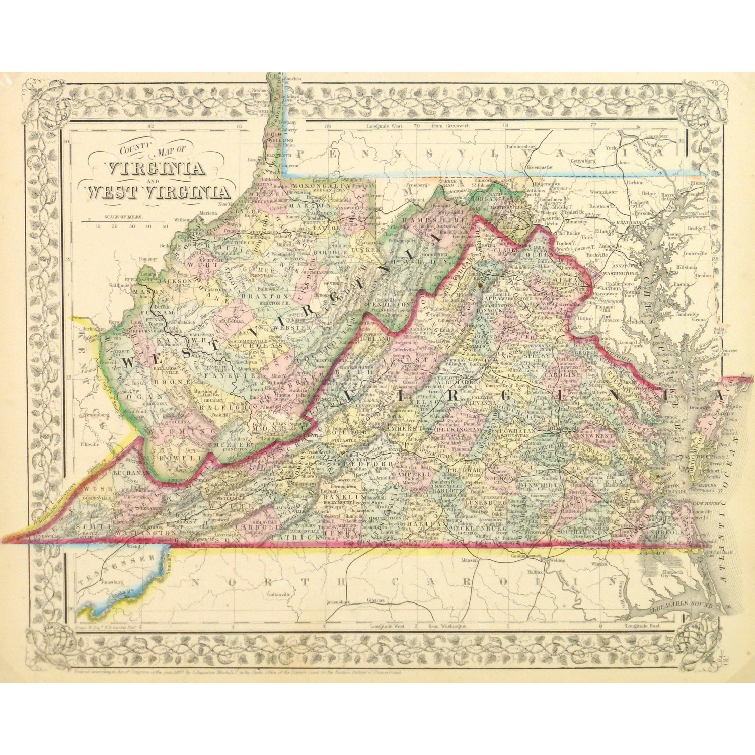 Antique Map of Virginia and West Virginia by Mitchell 1867 9268m