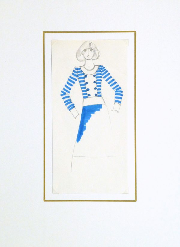 Ink & pencil Fashion Sketch - Blue Button - matted-10109M