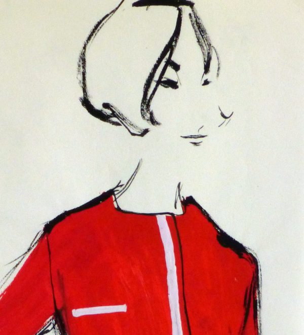 Gouache Fashion Sketch- Balmain Red Dress Suit-detail 2-10191M