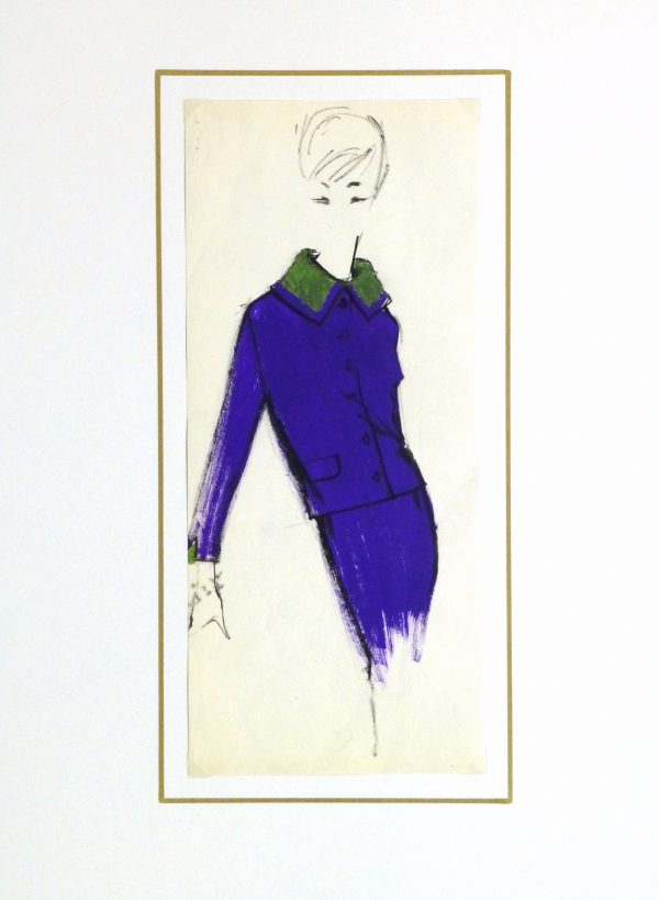 Gouache Fashion Sketch- Balmain Purple Dress Suit-matted-10192M