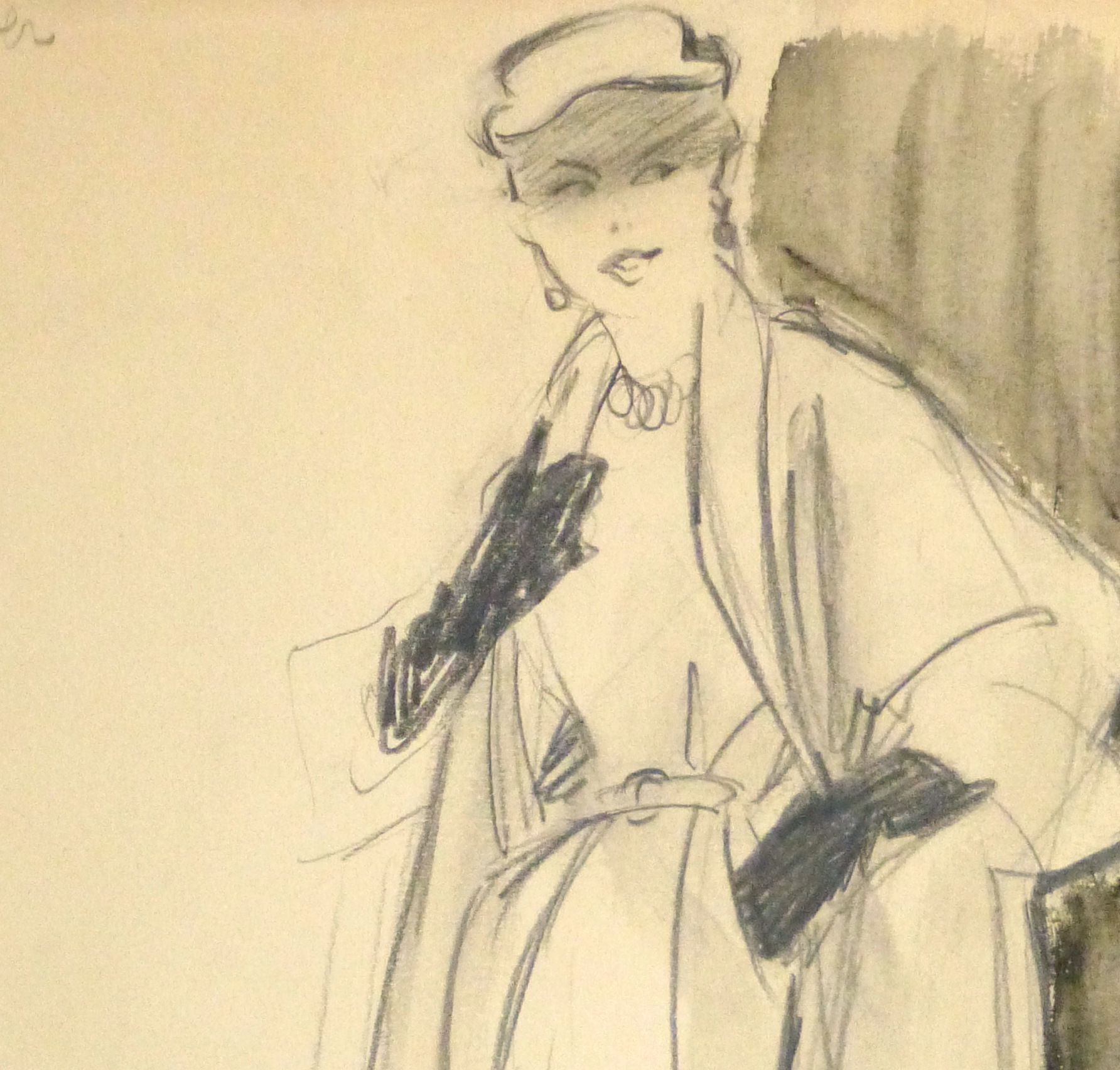 Pencil Fashion Sketch - Hendlin Coat & Gloves, 1957-detail 2-10354M