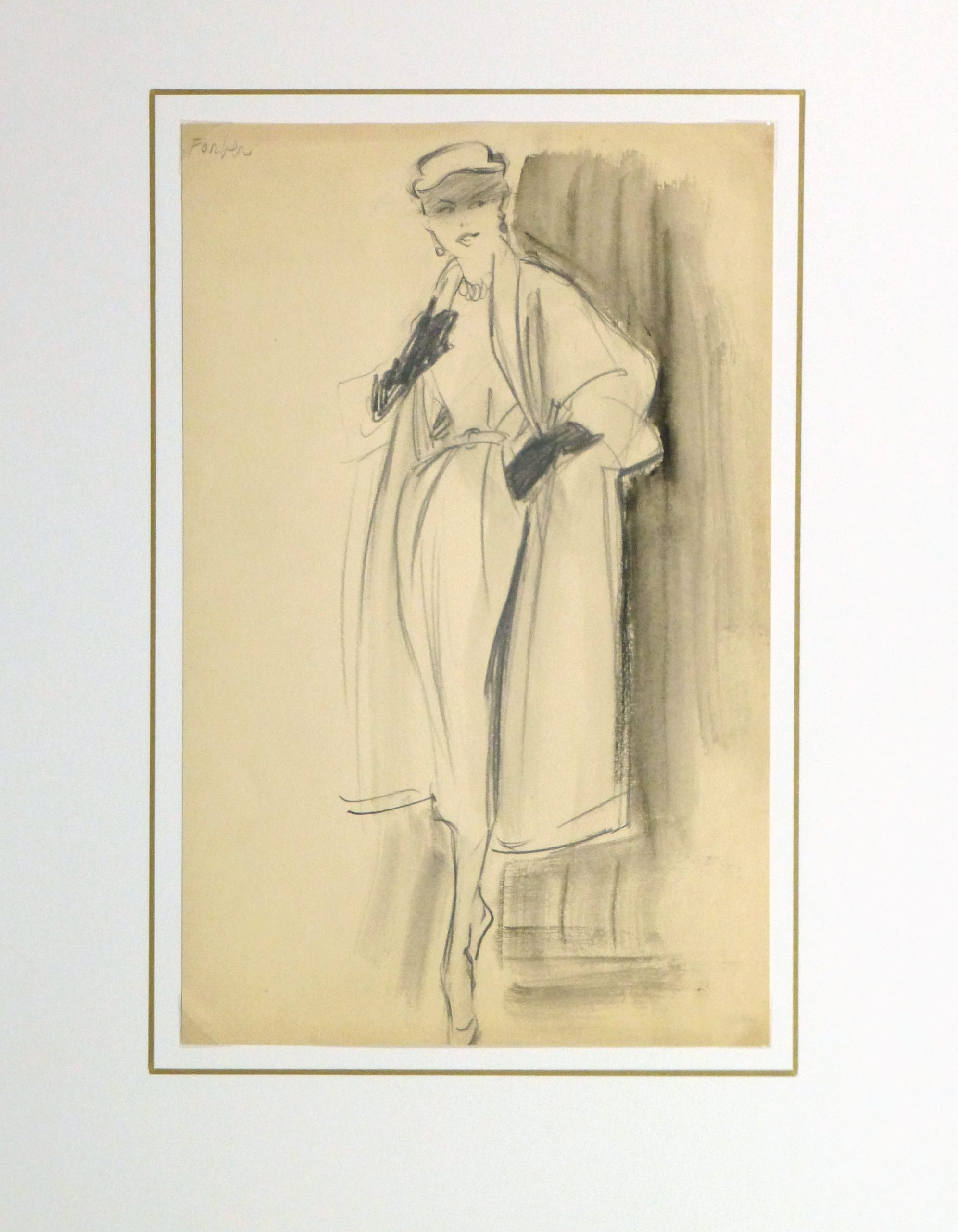 Pencil Fashion Sketch - Hendlin Coat & Gloves, 1957-matted-10354M