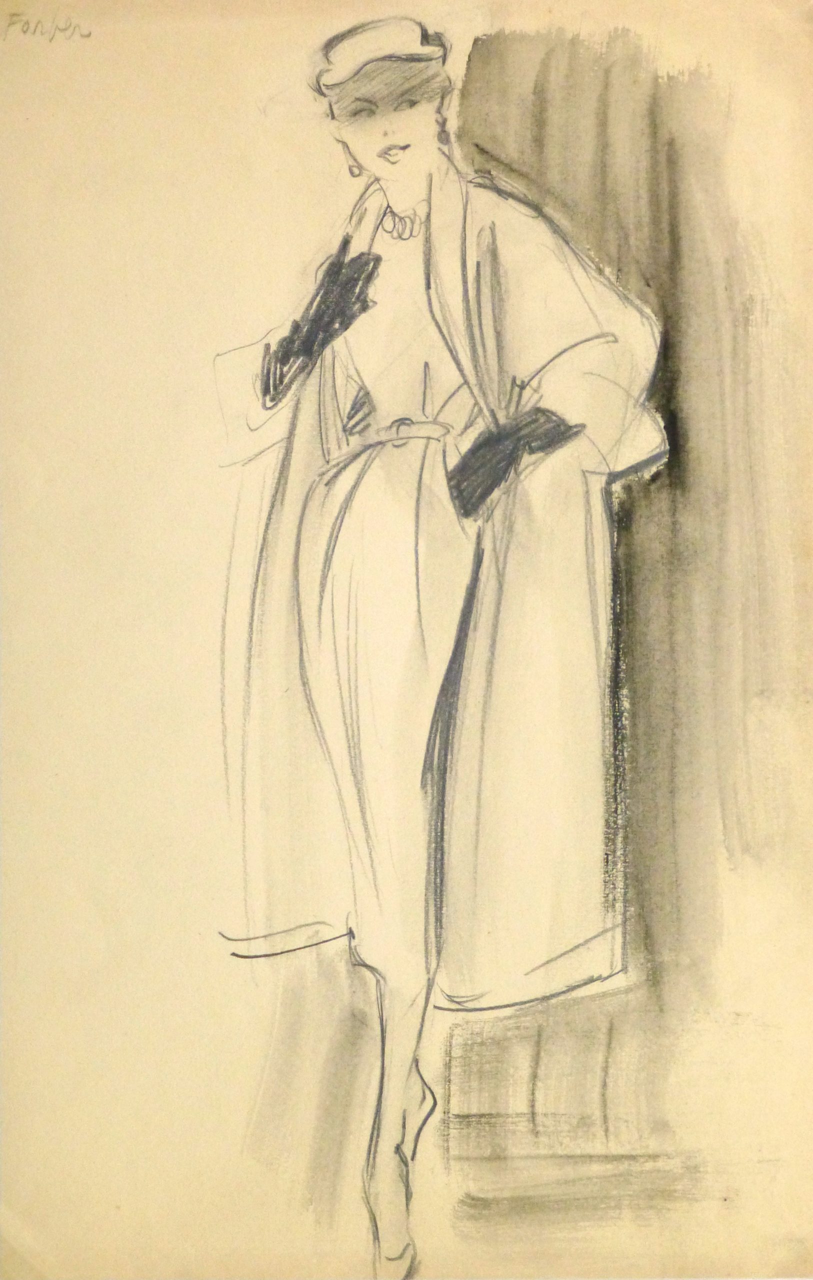 Pencil Fashion Sketch - Hendlin Coat & Gloves, 1957-main-10354M