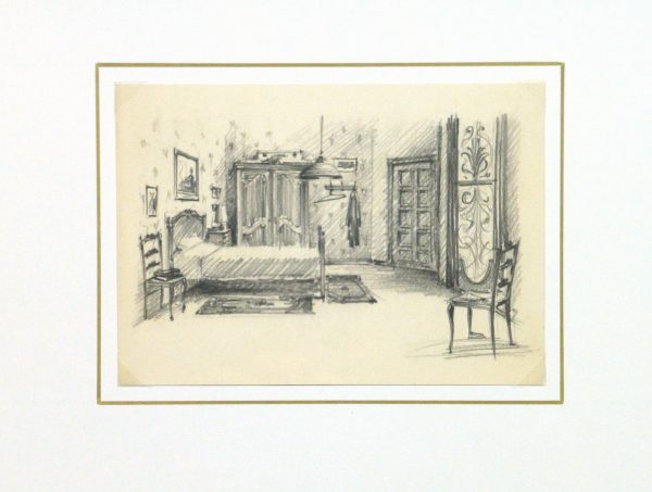 Pencil Drawing - Bedroom Interior, circa 1950-matted-10359M