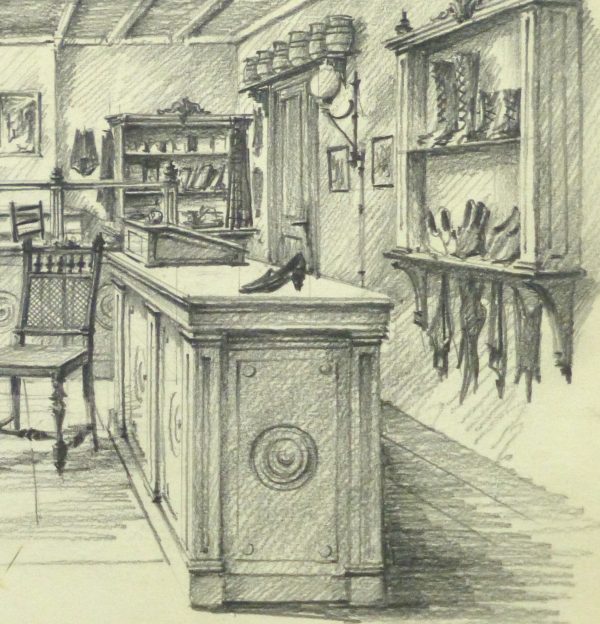 Pencil Drawing - Shoe Shop, circa 1950-detail-10361M