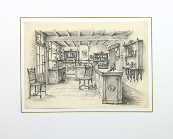 Pencil Drawing - Shoe Shop, circa 1950-matted-10361M