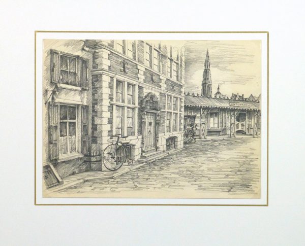 Pencil Drawing - Antwerp, circa 1950-matted-10362M