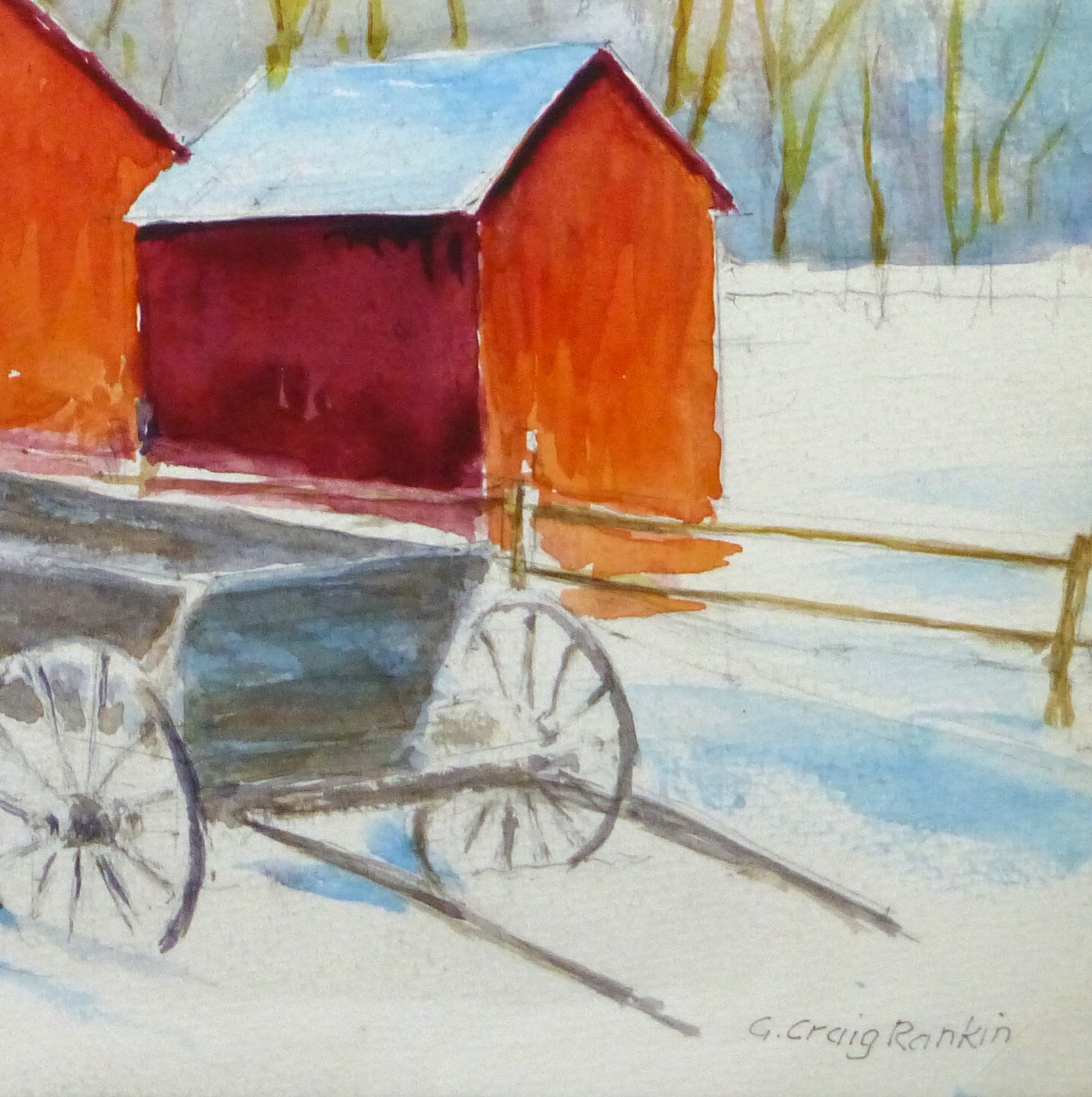 Watercolor Landscape - Winter Barn, Circa 2000-detail-10392M