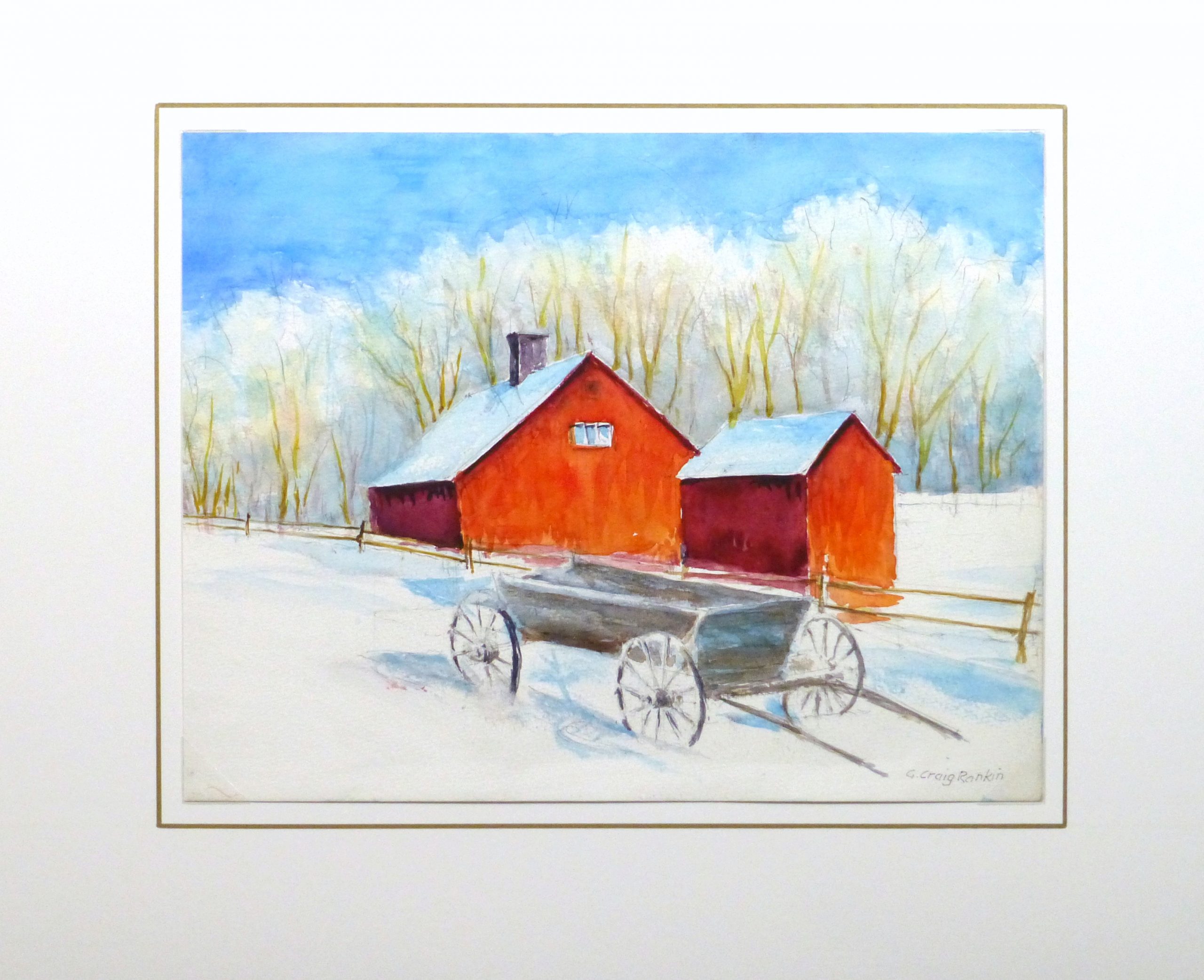 Watercolor Landscape - Winter Barn, Circa 2000-matted-10392M