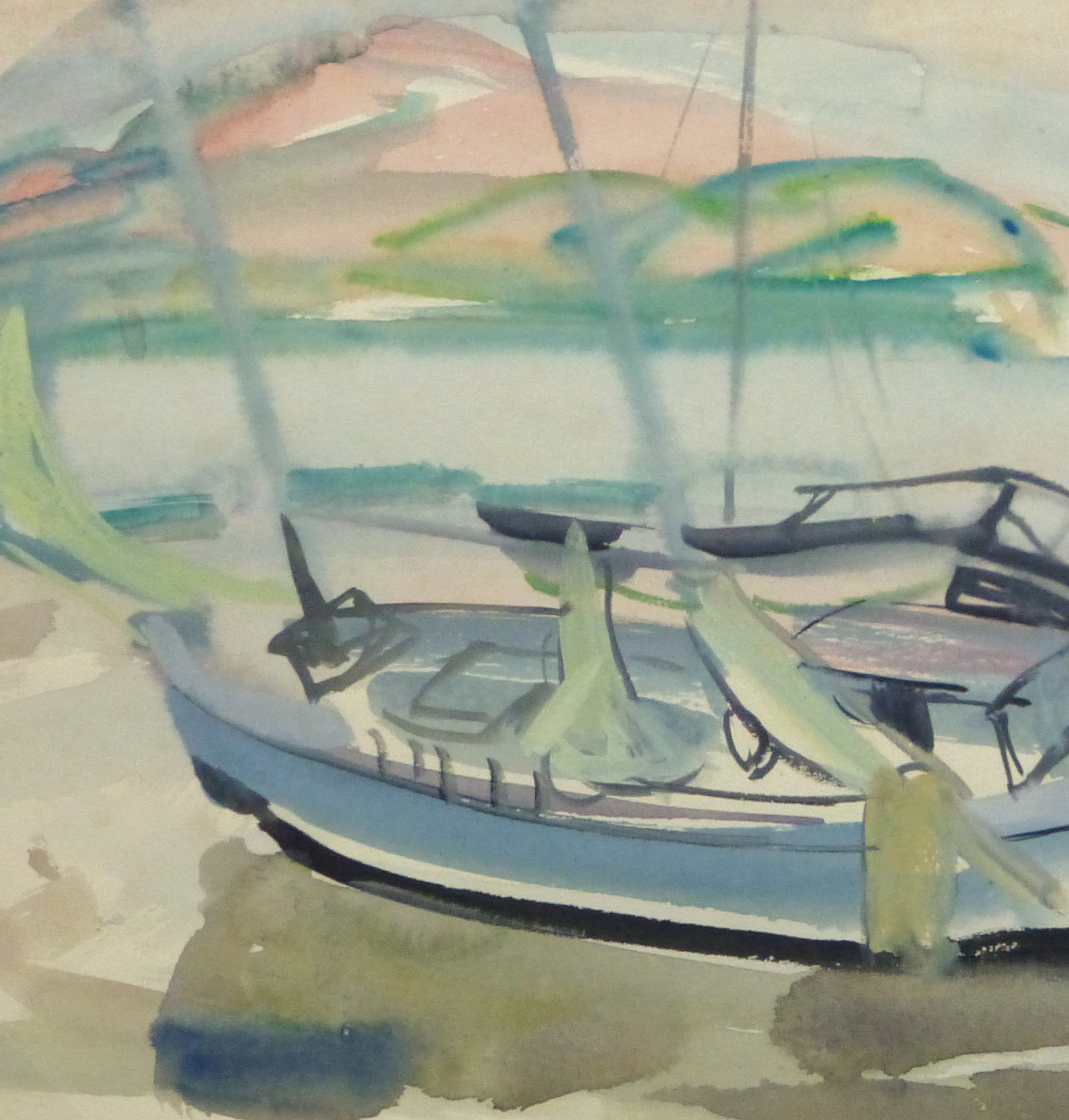 Watercolor Landscape - Sunset harbor, Circa 1950-detail 2-10396M