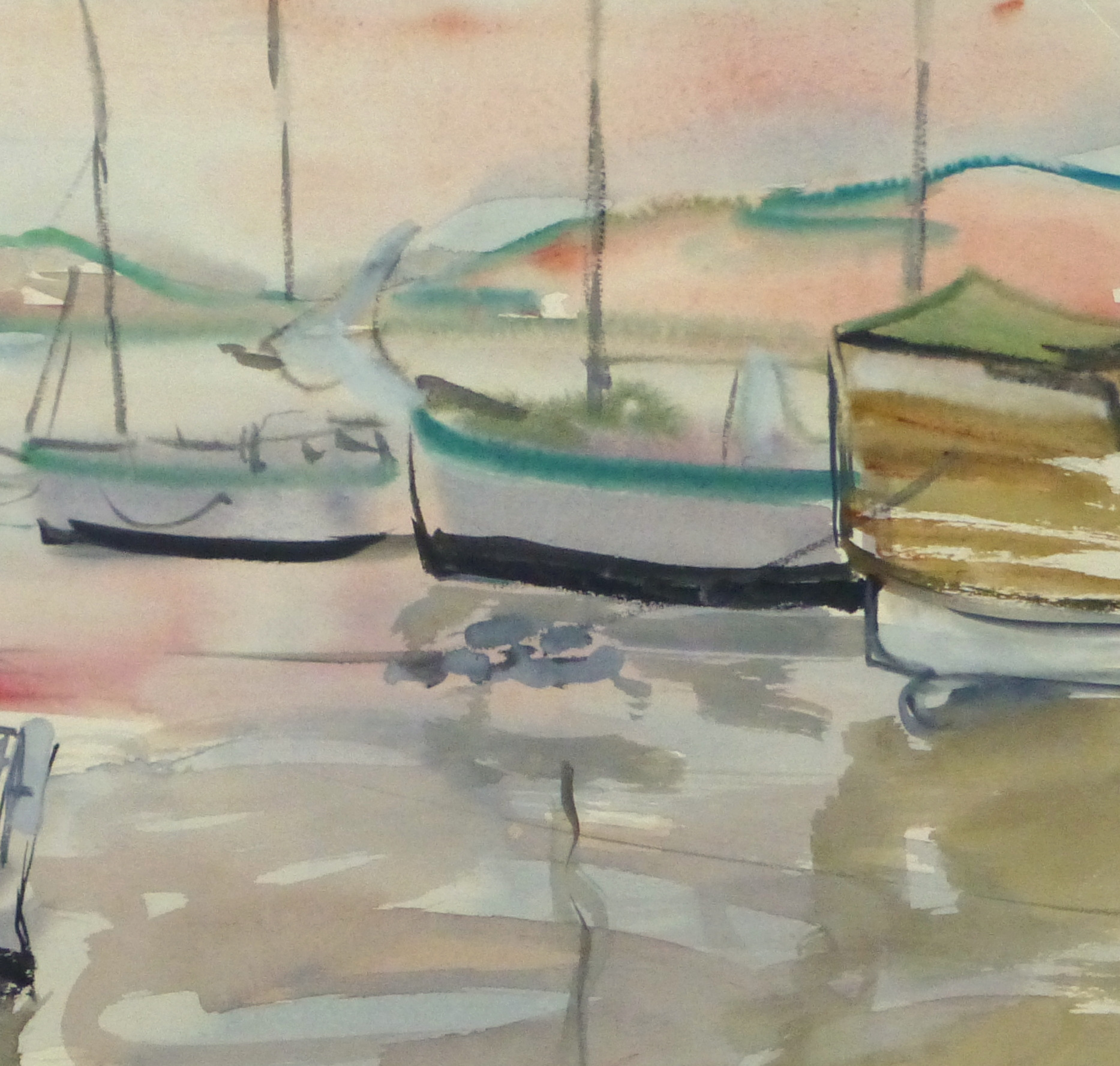 Watercolor Landscape - Sunset harbor, Circa 1950-detail-10396M