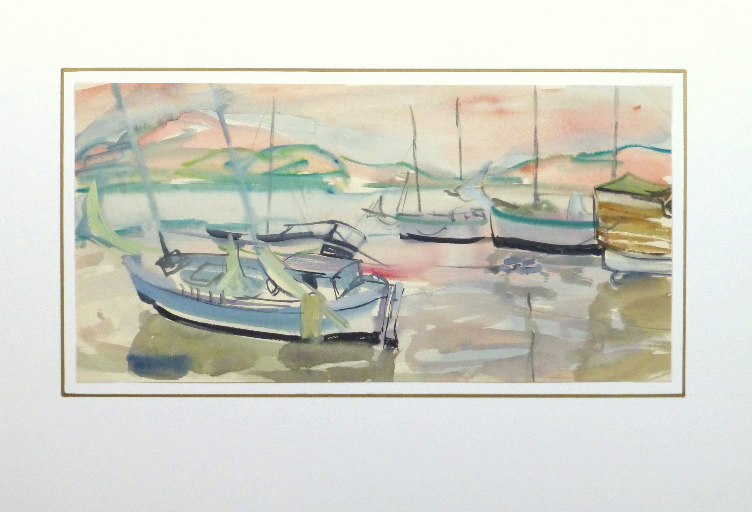 Watercolor Landscape - Sunset harbor, Circa 1950-matted-10396M
