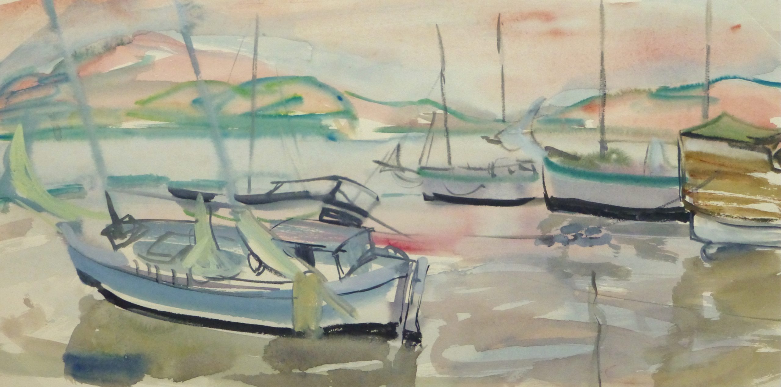 Watercolor Landscape - Sunset harbor, Circa 1950-main-10396M
