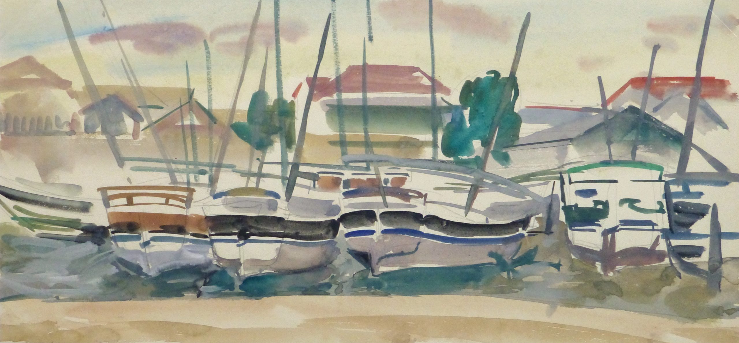 Watercolor Landscape- Marina, Circa 1950-main-10397M