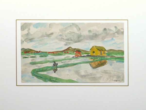 Watercolor Landscape - Rice Fields, Circa 1950-matted-10399M