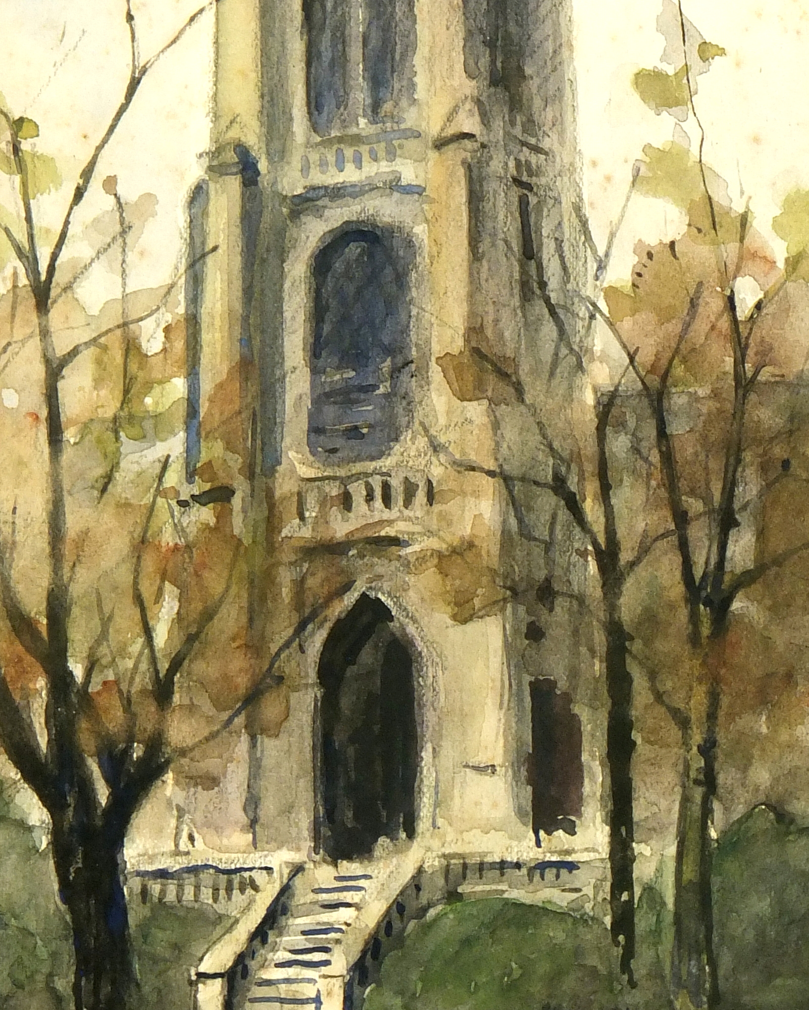 Watercolor Landscape- St. Jacques Tower Paris, Circa 1930-detail-7840K