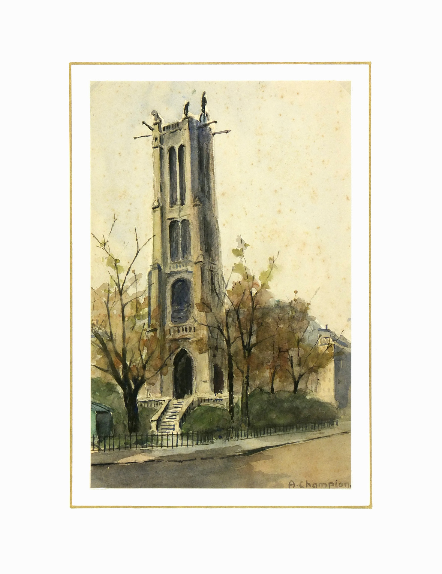 Watercolor Landscape- St. Jacques Tower Paris, Circa 1930-matted-7840K